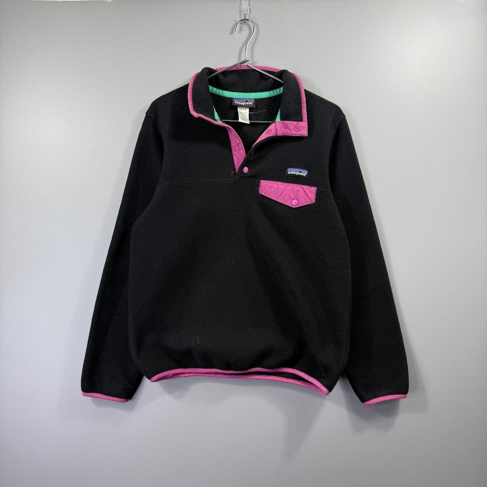 Patagonia Synchilla Sweater Womens Small Black Fleece Snap Pullover Pink Trim